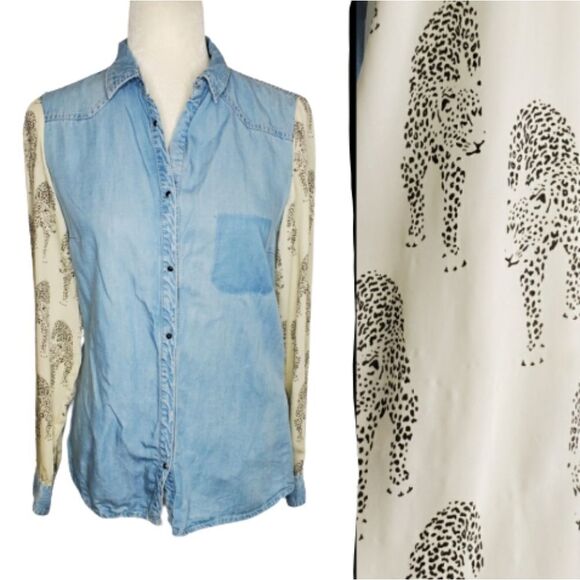 ZARA top cheetah chiffon chambray button up‎ shirt S - Picture 1 of 9